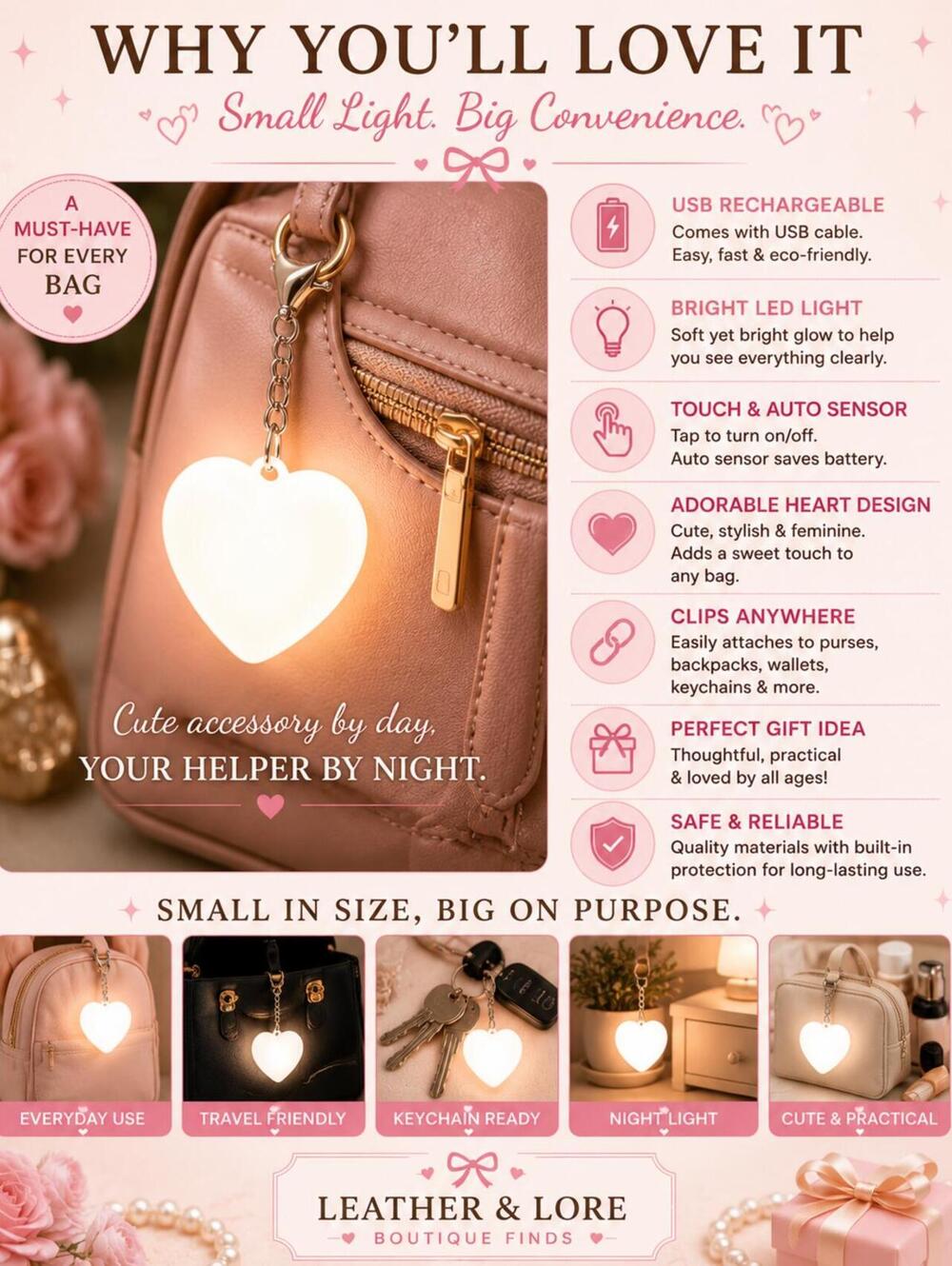 Heart LED Purse Light - Rechargeable White Keychain Accessory - Picture 5 of 9